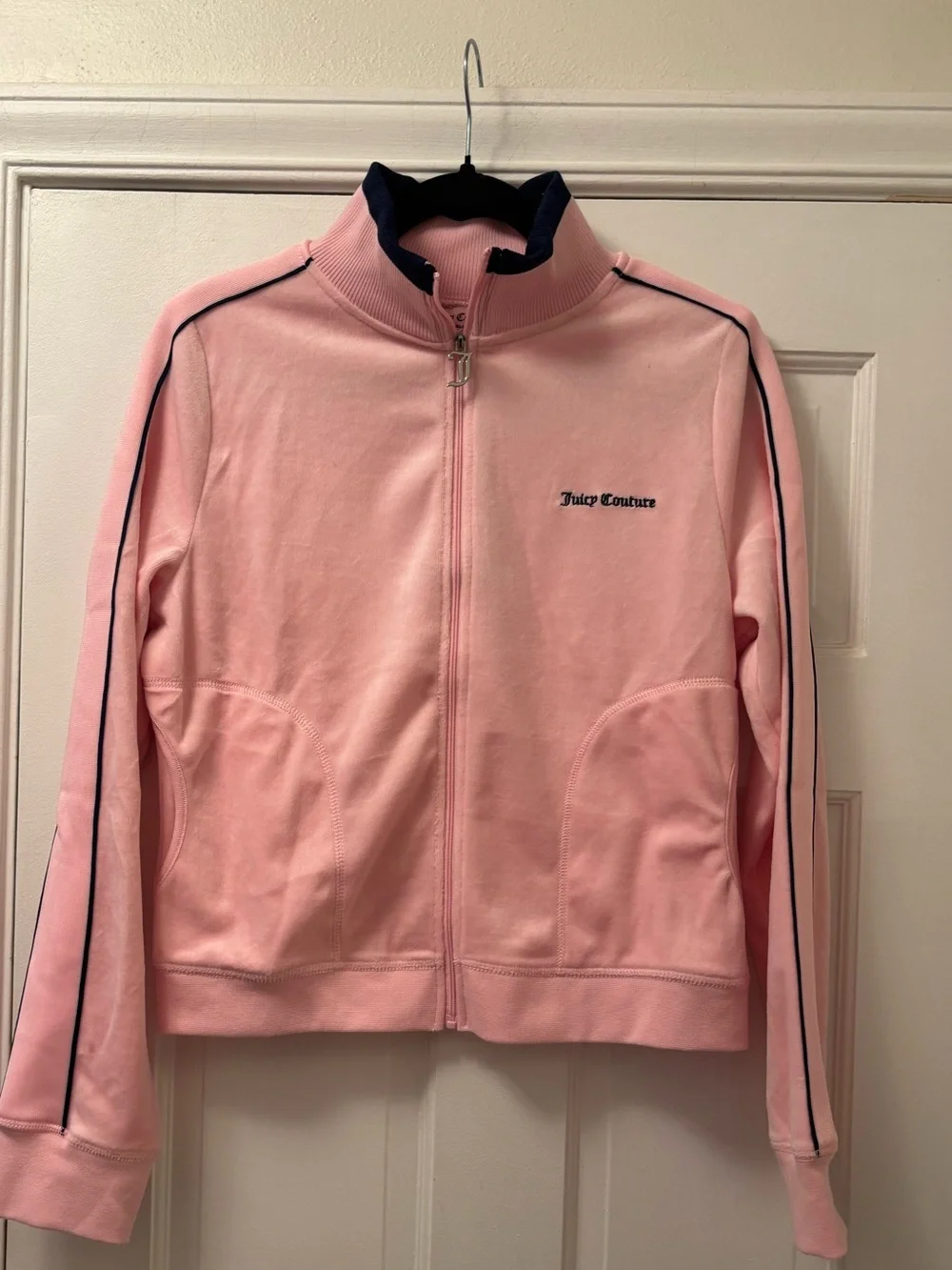 Pickleball Lovers Juicy Couture Pink Velour Zip Jacket with Navy Trim Size Large